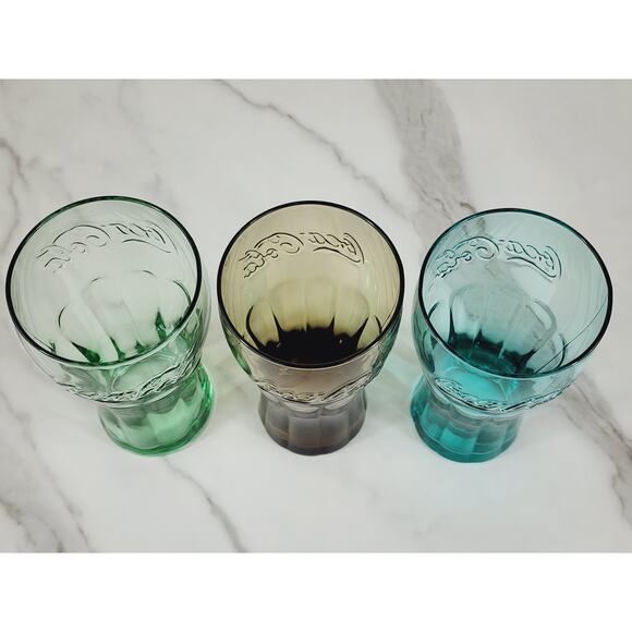 Coca Cola Libbey Drinking Glasses 17oz Embossed 6" Retro Green Blue Brown x3 - Picture 9 of 13